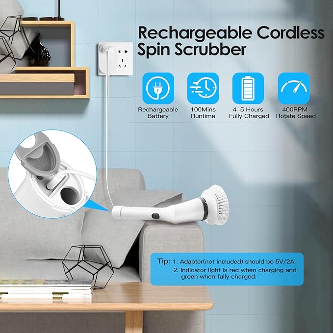Electric Spin Scrubber,Cordless Cleaning Brush with 6 Replaceable Brush Heads,Electric Cleaning Brush Up to 400RPM Powerful Cleaning,Power Shower Scrubber for Bathroom,Kitchen, Floor,Tile,Car