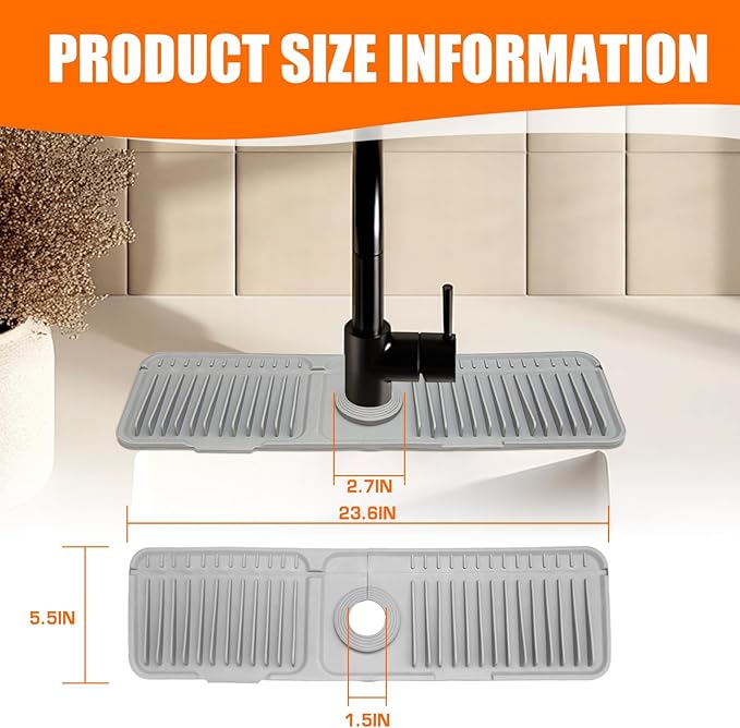 Gray 24" Button Style Faucet Drip Catcher – Silicone Faucet Mat for Kitchen Sink, Leak-Proof Splash Guard with 6° Slope | Behind Faucet Draining Mat Easy Gadgets for Bathroom Kitchen Countertops