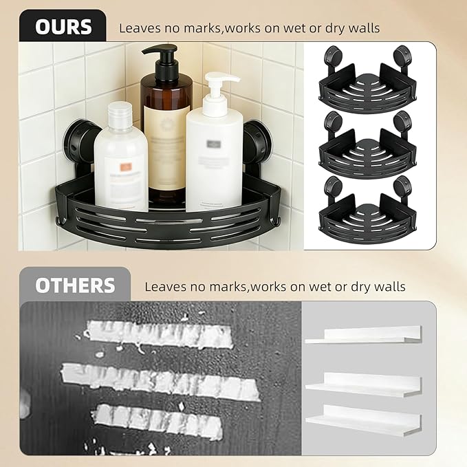 2026 New Triangle Suction Cup Corner Shower Shelf - No Drilling Bathroom Storage Rack with Towel Bar, Adhesive Organizer for Corners, Black, 3-Layer Design