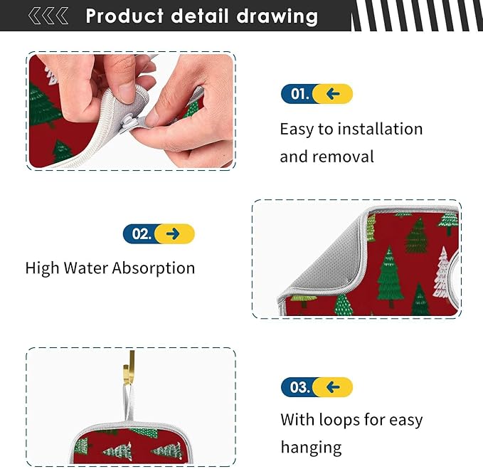 2 PCS Kitchen Sink Splash Guard 30 Inch Faucet Mat for Kitchen Sink Bathroom Sink Faucet Absorbing Drip Drain Mat Pad Microfiber Soft Washable Christmas Winter Trees