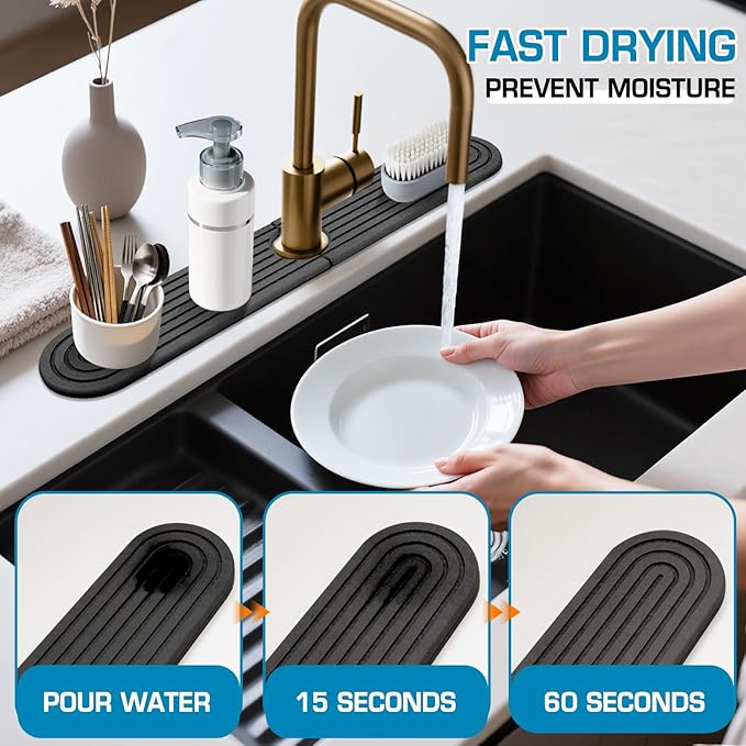 Dark Gray-Oval 23.6" Diatomite Kitchen Faucet Mat & Stone Sink Tray – Quick Drying Super Absorbent Splash Guard for Kitchen Bathroom Sink Countertop Protector with Multiple Sizes Colors Styles