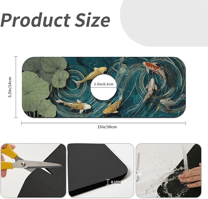 Kitchen Sink Splash Guard，koi fish swimming Faucet Mat Sink Gadgets-Super Absorbent Fast Drying Mat Drip Catcher for Kitchen, Bathroom,Sink Mat, Dish Drying Mat, Bathroom(15" X 5.5" )