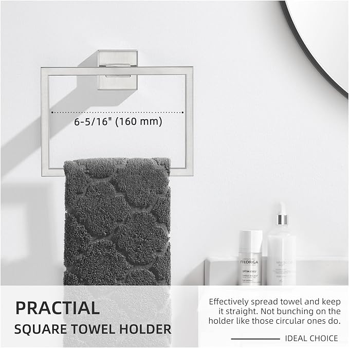 Angle Simple Hand Towel Holder Brushed Nickel, SUS 304 Stainless Steel Square Bathroom Towel Ring Hanger, Wall Mount, 7.09 Inches