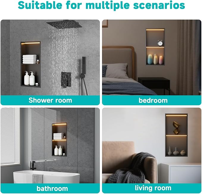 12" X 24" Stainless Steel Shower Niche with LED Lights, Matte Black Double Shelves Recessed Shower Niche No Tile Needed for Bathroom/Bedroom Storage