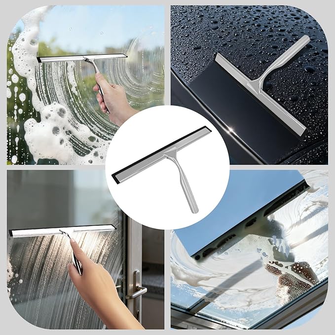 10-Inch Shower Squeegee with Hanger, All-Purpose Stainless Steel and TPR Rubber for Streak-Free Cleaning on Glass Shower Doors, Mirrors, Windows, Tile and Car Glass