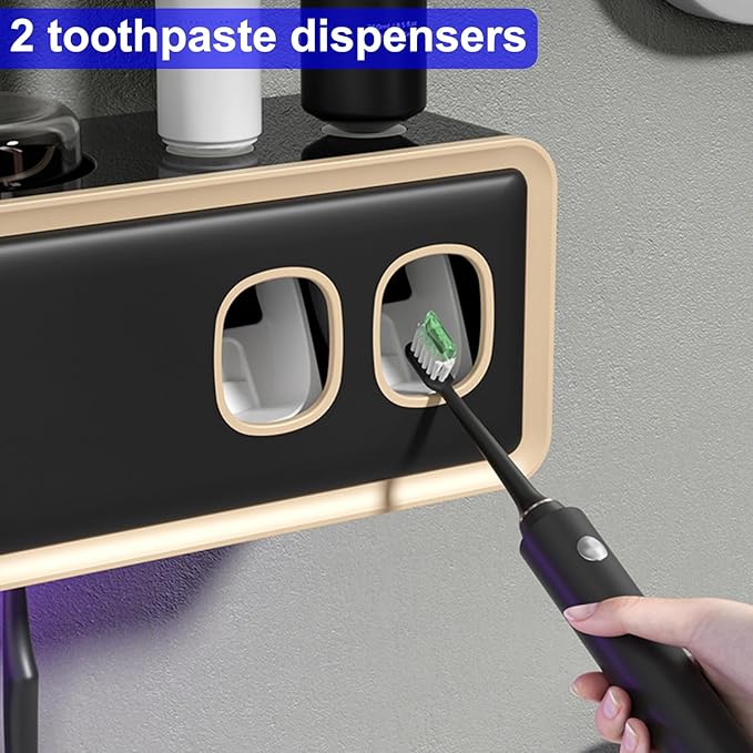 Toothbrush Holders for Bathrooms, UV Toothbrush Sanitizer and Holder Smart Home Bathroom Accessories, 3 Cups Electric Toothbrush Holder Wall Mounted with Toothpaste Dispenser Bathroom Decor (White)