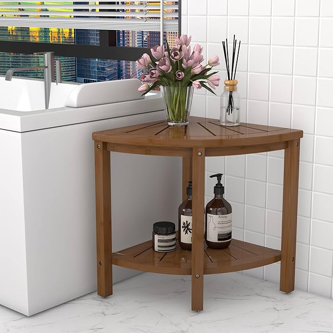 Zhuoyue Bamboo Corner Shower Stool Bench Waterproof with Storage Shelf, for Shaving Legs or Seat in Bathroom & Inside Shower