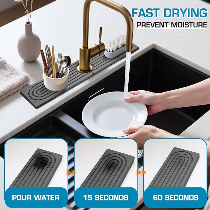 Faucet Mat for Kitchen Sink, Diatomite Quick Drying Tray , Long 23.6'' Kitchen Sink Splash Guard and Bathroom Stone Tray for Counter. Super Absorben. (Dark gray-Rectangle, 15.7" x 4")