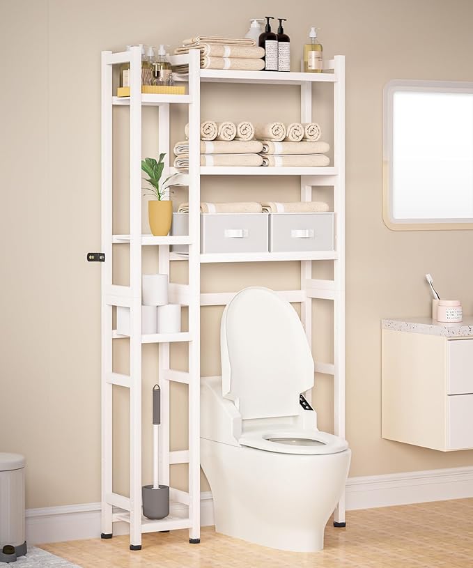 Homde Over The Toilet Storage with Basket and Drawer, Bamboo Bathroom Organizer with Adjustable Shelf & Waterproof Feet Pad, Space Saver Rack for Restroom, Laundry,White