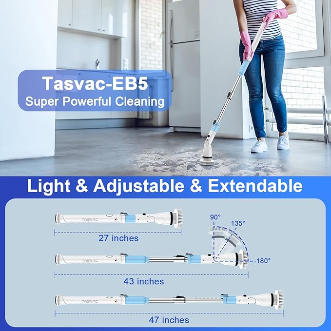 Electric Spin Scrubber,Cordless Spin Cleaning Scrubber with 5 Replaceable Brush Heads,Power Full Cleaning Brush Scrubber 450RPM,Adjustable Telescopic Handle&90min Runtime for Bathroom (Off White+Blue)