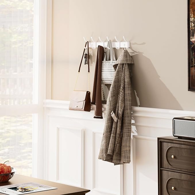 White Coat Rack Wall Mount - 15 Inch Arc Shaped Design with 6 Hooks for Hanging Coats, Bags, and Towels in Entryway, Livingroom, Bedroom, Bathroom, and Kitchen, 1 Pack