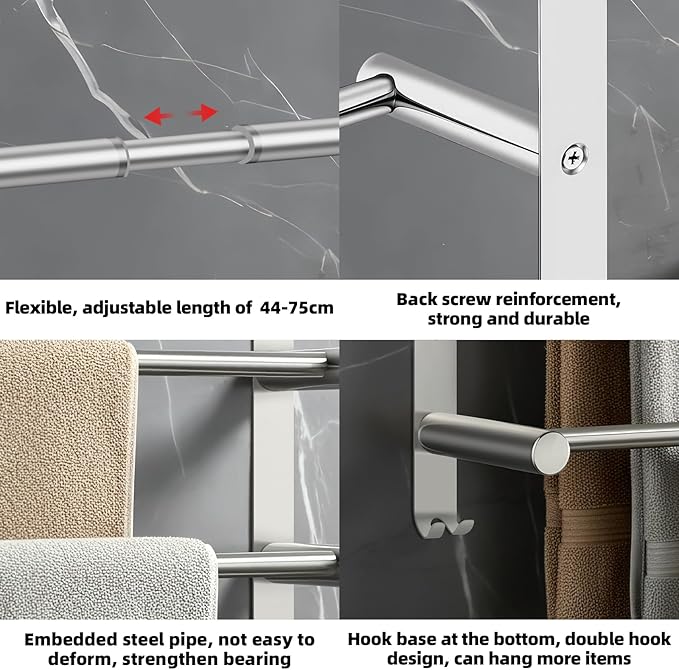 17-29inches Retractable Length Over The Door Towel Rack, 304 Stainless Steel Over The Door Towel Rack, Over Door Towel Holder with 3 Tier Towel Bars, Over Door Towel Storage for Bathroom