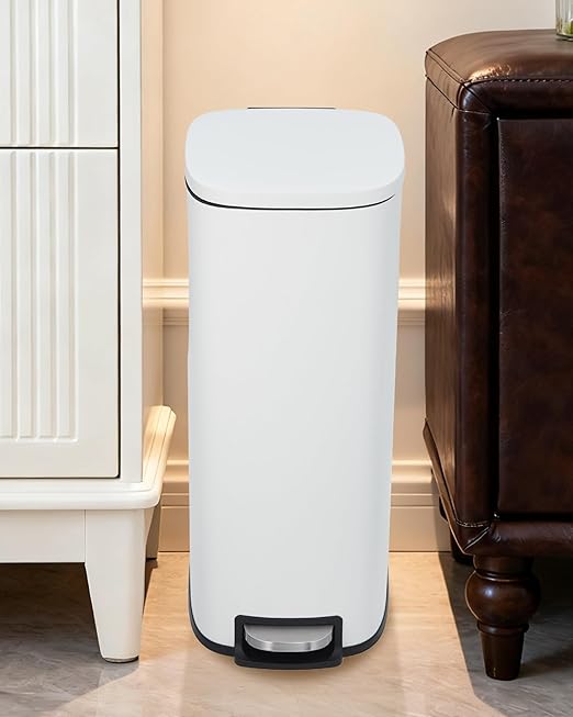 3.2 Gallon / 12 Liter Trash Can Stainless Steel Garbage Can with Removable Inner Bucket for Offices, Hands-Free Kitchen Step Trash Can for Kitchen & Bathroom, White