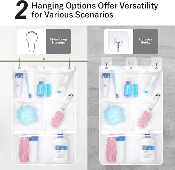 F-color Cruise Essentials 2026-7 Pockets Mesh Shower Organizer Hanging Bundle with Retractable Clothesline, Quick-Dry, Portable Toiletry Bag Travel Laundry Drying Kit for RV Hotel Camping