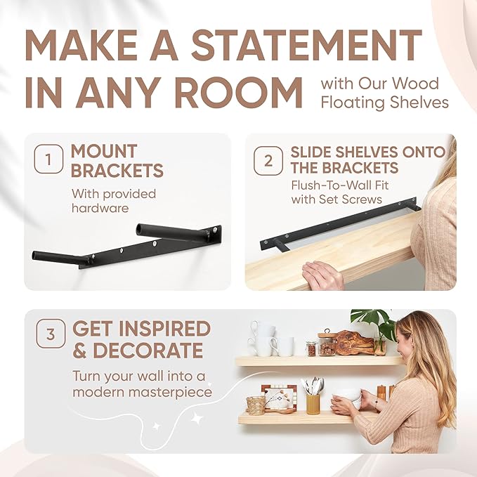 Homeforia 30 inch Wood Floating Shelves, High End Solid Natural Wood 30inch Floating Shelf for Wall, Unfinished Wooden 30 inches Floating Shelves, Heavy Duty Bracket, 30 X 6.5 X 1.75 in, Set of 3