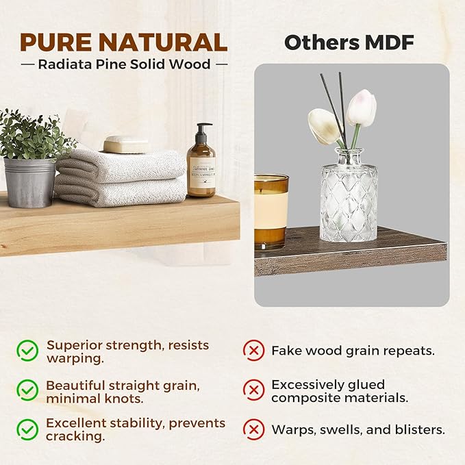 Floating Wall Shelf 36x6.8x1.7 Inch – Solid Wood Shelf in Natural Wood Finish – Heavy Duty Wall Mounted Rustic Display Shelf for Living Room, Kitchen, Bedroom, Hallway – Set of 2