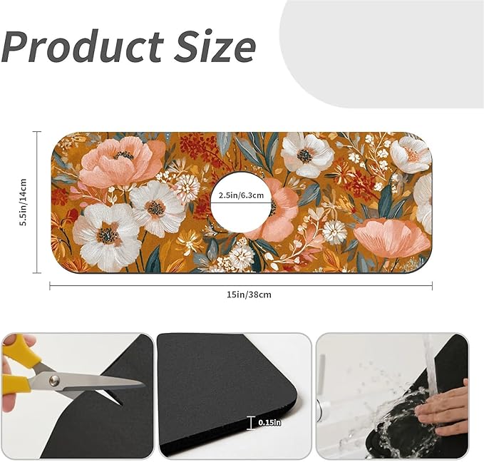 Kitchen Sink Splash Guard，Soft hues floral Faucet Mat Sink Gadgets-Super Absorbent Fast Drying Mat Drip Catcher for Kitchen, Bathroom,Sink Mat, Dish Drying Mat, Bathroom(15" X 5.5" )