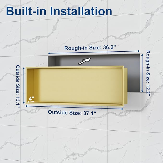 Neodrain Gold Shower Niche 36"x12", Stainless Steel NO Tile Needed Recessed Wall Niche for Bathroom Storage