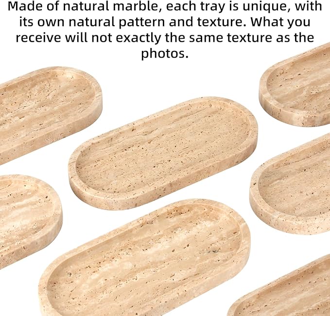 Oval Marble Bathroom Vanity Tray, Natural Luxury Marble Home Kitchen Bathroom Table Tray, Stone Decorative Countertop Serving Trays for Coffee Perfume Jewelry Makeup (Travertine, 10 * 5 * 0.6)