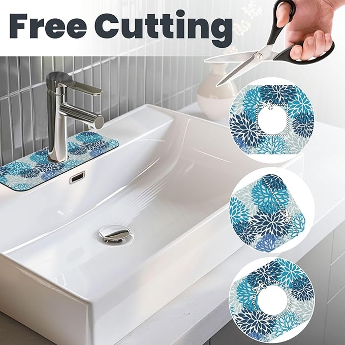 Medallion Dahlia Pinnata Floral Bobo Blue Pink Turquoise Grey Kitchen Sink Splash Guard Faucet Mat 1 Pcs, Absorbent Fast Drying Mat Gadgets Splash Guard For Bathroom 15 X 5.5 Inches