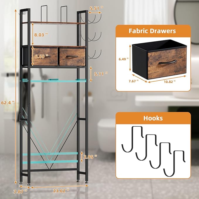 VITVITI Over The Toilet Storage Shelf, Above Toilet Bathroom Organizer with 2 Drawers, Adjustable Freestanding Toilet Storage with 3 Tier Towel Rack/4 Hooks, Farmhouse for Laundry Room (Brown)