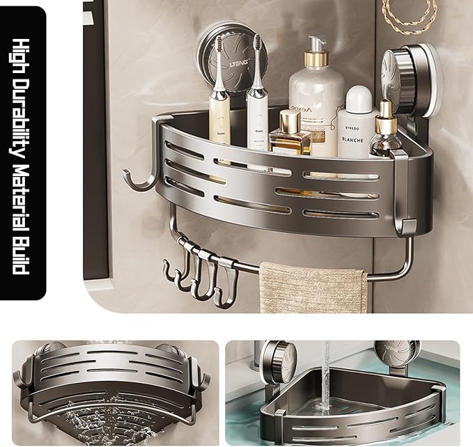 2-Tier Suction Cup Shower Caddy,No Drilling Required,Shower Suction Shelf,For Kitchen, Bathroom,Storage Rack With 8 Hooks And 1 Towel Bar Gray