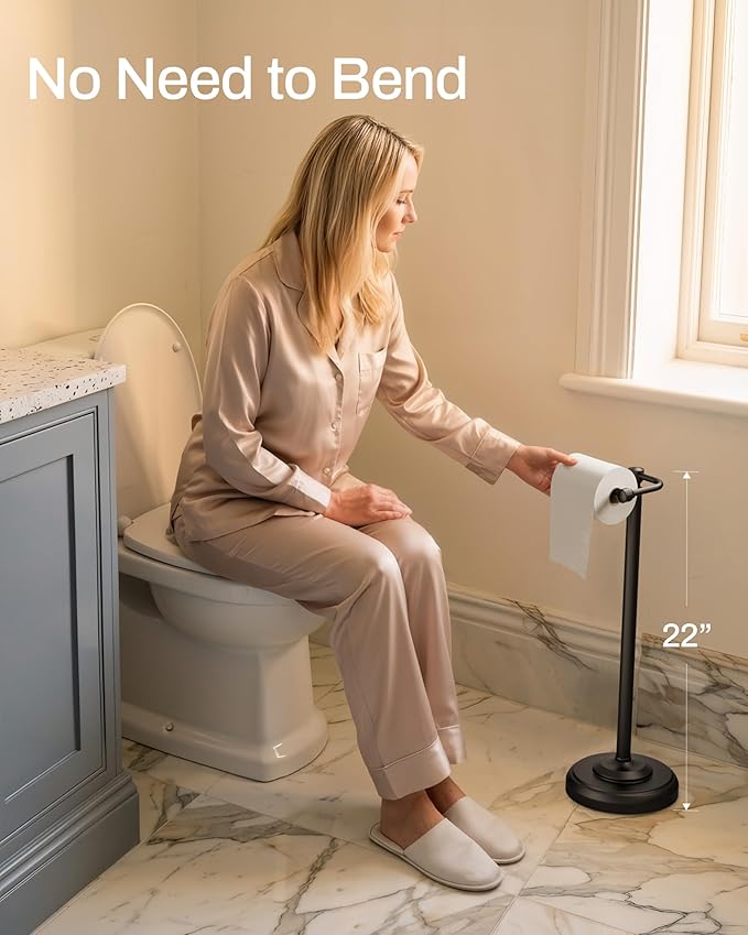 Freestanding Toilet Paper Holder Stand - Rustproof 304 Stainless Steel with Heavy Duty Weighted Base (4.8lbs), 22" Height Pivot Arm Tissue Roll Dispenser, Fits Mega Rolls - Matte Black