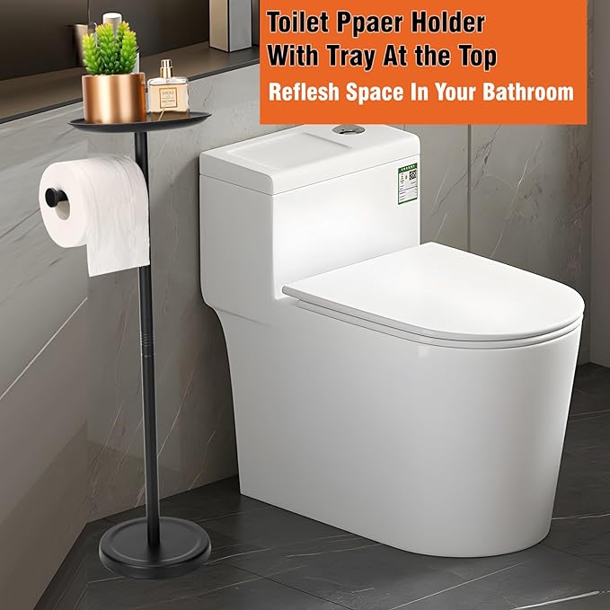 Tofix Freestanding Toilet Paper Holder with Shelf and Tray, Stainless Steel Base, Black