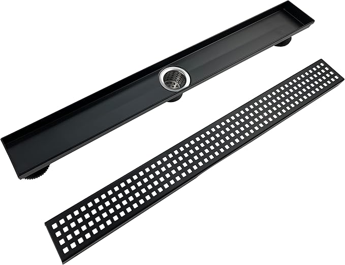 28 Inch Black Rectangular Shower Drain with Removable Quadrato Pattern Cover Grate Accessories and SUS304 Stainless Steel CUPC Certificate (28 inch)