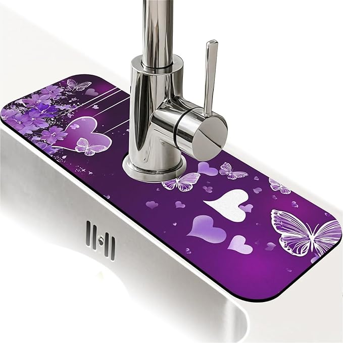 Kitchen Sink Splash Guard，Purple flowers and butterflies Faucet Mat Sink Gadgets-Super Absorbent Fast Drying Mat Drip Catcher for Kitchen, Bathroom,Sink Mat, Dish Drying Mat, Bathroom(15" X 5.5" )