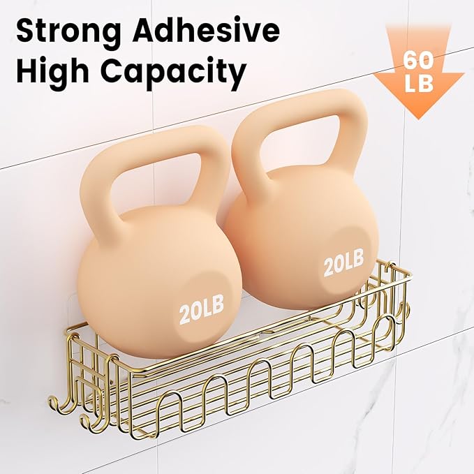 Adhesive Shower Caddy: 2 Bonus Hooks, 4-Pack Wall Mounted Bathroom Storage Shelf, Rustproof Metal Basket Organizer for Kitchen & Bathroom Drill Free Gold