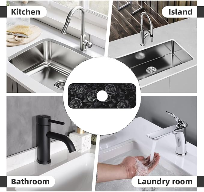 Black Rose Floral 15" X 5.5" Kitchen Sink Splash Guard, Faucet Guard Draining Mat, Faucet Suction Pad For Kitchen Bathroom