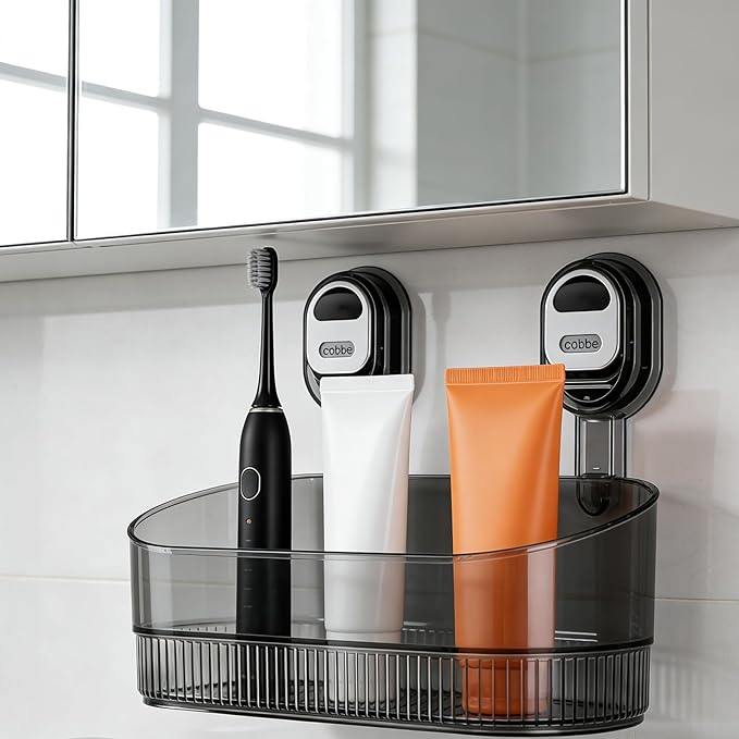 No-Drill Bathroom Suction Cup Storage Shelf - Waterproof Large Capacity Organizer Rack with Strong Suction & Easy Installation for Shower, Toilet, Vanity, Countertop (Gray)