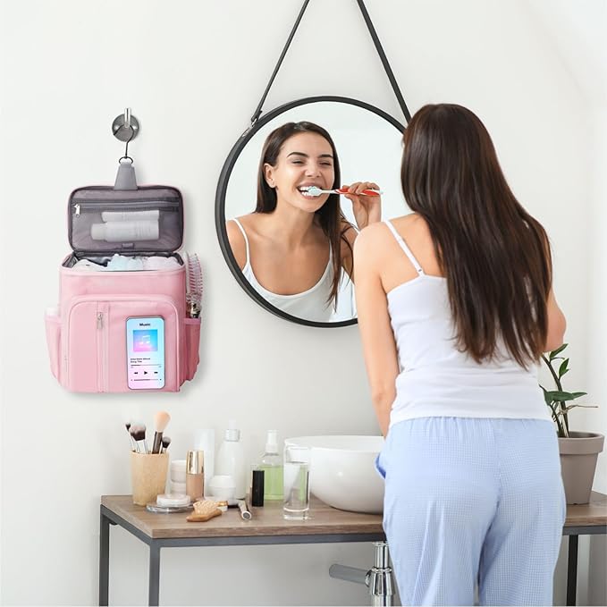 F-color Shower Caddy Portable for College Dorm Essentials - Large Hanging Sturdy Handle Toiletry Tote Bag with Hook, Multiple Pockets, Quick Dry Organizer for Camping, Travel, Gym, 2 Packs Pink
