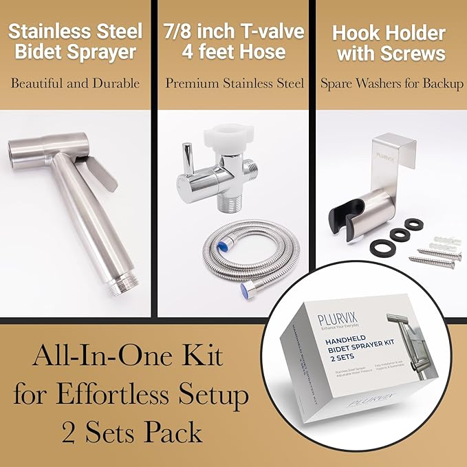 Handheld Bidet Sprayer Kit for Toilet – 2 Sets, Adjustable Water Pressure, Stainless Steel Jet Spray Kit with Bidet Hose - Feminine Wash, Baby Cloth Diaper Cleaning, Muslim Shower