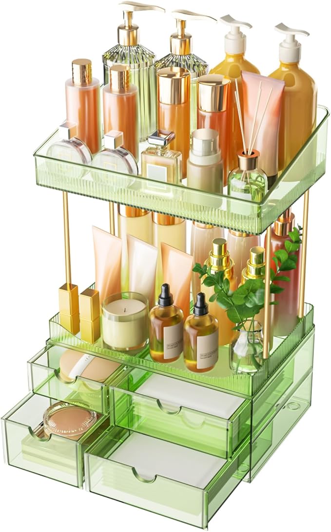 4 Drawers Makeup Organizer - 4 Tier Makeup Storage, Cosmetics Organiser, Ideal for Cosmetic, with Drawers for Countertop, Bathroom,Dresser Transparent Green for Both Outdoor and Indoor Use, Clear