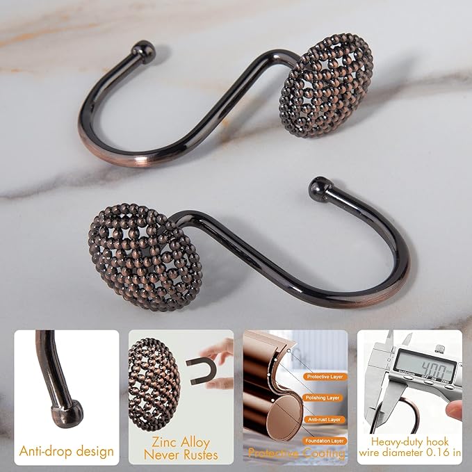 Pearlbee Bronze Shower Curtain Hooks Rings,Oil Rubbed Bronze Decorative Shower Curtain Hooks,Rustproof Vintage Shower Hooks for Bathroom,Set of 12