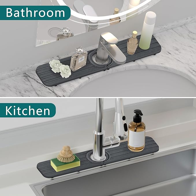 Faucet Mat for Kitchen Sink - 19.7 x 4inch Faucet Splash Guard for Bathroom Counter, Absorbent Diatomite Mat, Fast Drying Stone Sink Tray, Prevents Moisture Buildup, Dark Gray