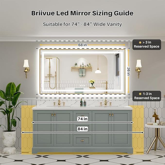 68x36 Inch LED Bathroom Mirror with Gold Frame, Backlit & Front Lit, Anti-Fog Lighted Bathroom Vanity Mirror for Wall, Memory Function, Dimmable, HD Tempered Glass, Shatter-Proof