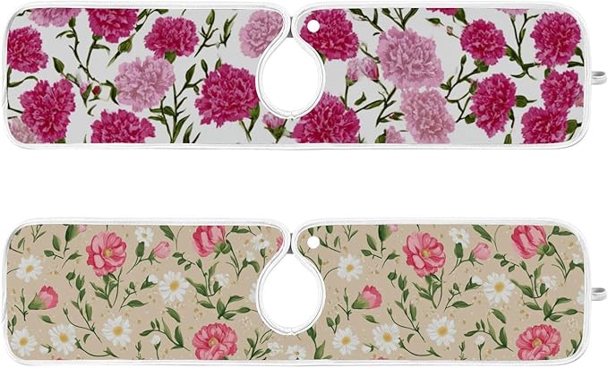 2 PCS Kitchen Sink Splash Guard 23.6 Inch Faucet Mat for Kitchen Sink Bathroom Sink Faucet Absorbing Drip Drain Mat Pad Microfiber Soft Washable Beige and Pink Carnation
