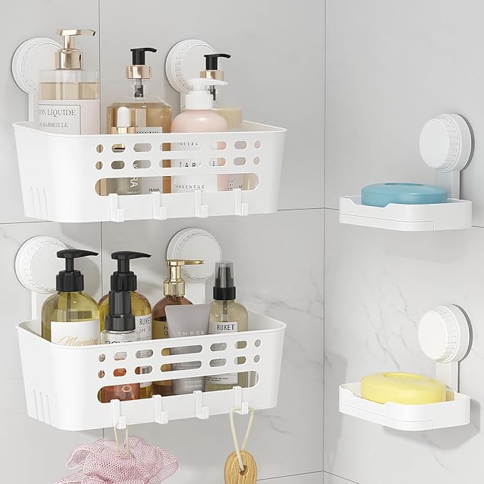 Lifewit Suction Cup Shower Caddy + Soap Dish, Removable Large Basket and Bar Soap Holder for Inside Shower, NO-Drilling Bathroom Kitchen Organizers, 26 x 17 x 14 cm/10 x 5 x 7 inch, Set of 2