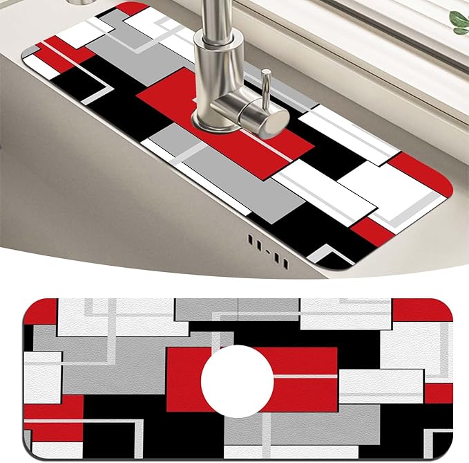MCALK Geometric Red Kitchen Sink Faucet Mat Splash Guard, Absorbent Quick-Dry Kitchen Sink Mat - Ideal for Splash Guard & Drip Catching with Modern Art Decor( 1pc 15"x5.5")