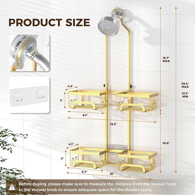 REINHARDT Shower Caddy Hanging for Handheld Showerheads Adjustable Split Shower Caddy, Rustproof Shower Organizer with Hooks for Razors Over the Head Caddy with Soap Holder Bathroom Accessories, Gold
