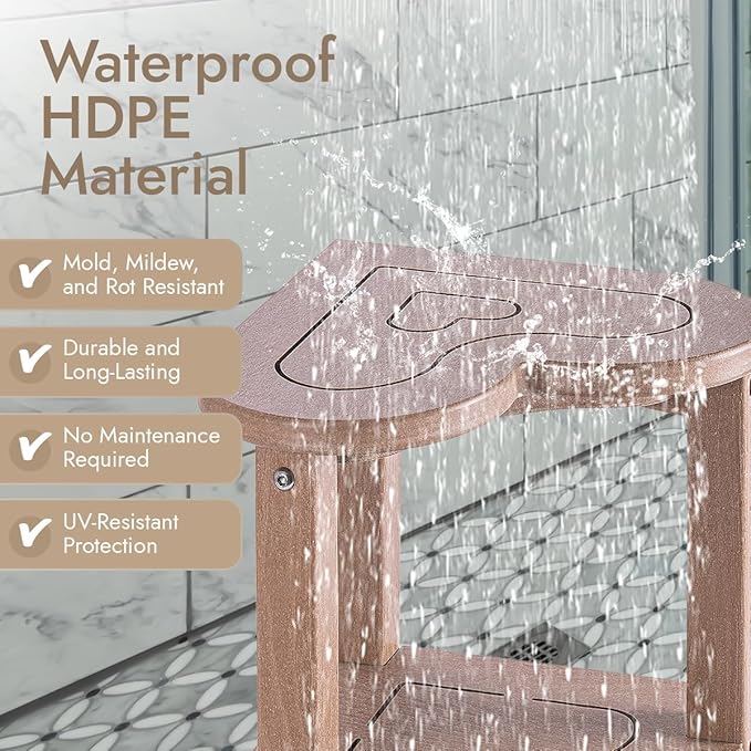 Corner Shower Stool for Inside Shower - Waterproof Corner Shower Bench, HDPE Plastic Bathroom Bench, Adjustable Height Corner Chair for Shaving Legs,Storage Shelf,Non-Slip Feet，Brown