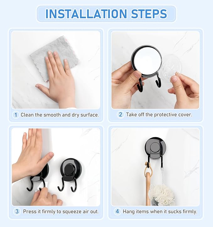 VIS'V Shower Suction Cup Hooks, Heavy Duty, Removable and Reusable, Double Hooks, Black, 2 Pcs