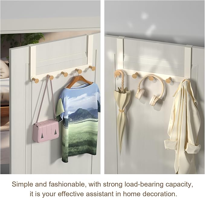 Over The Door Hooks with 5 Wooden Hooks,Door Hanger,Towel Rack for Bathroom Wall Mount Towel Hanger, Towels Holder for Hanging Heavy Duty with 5 Hooks for Pool Bedroom Bathroom Kitchen