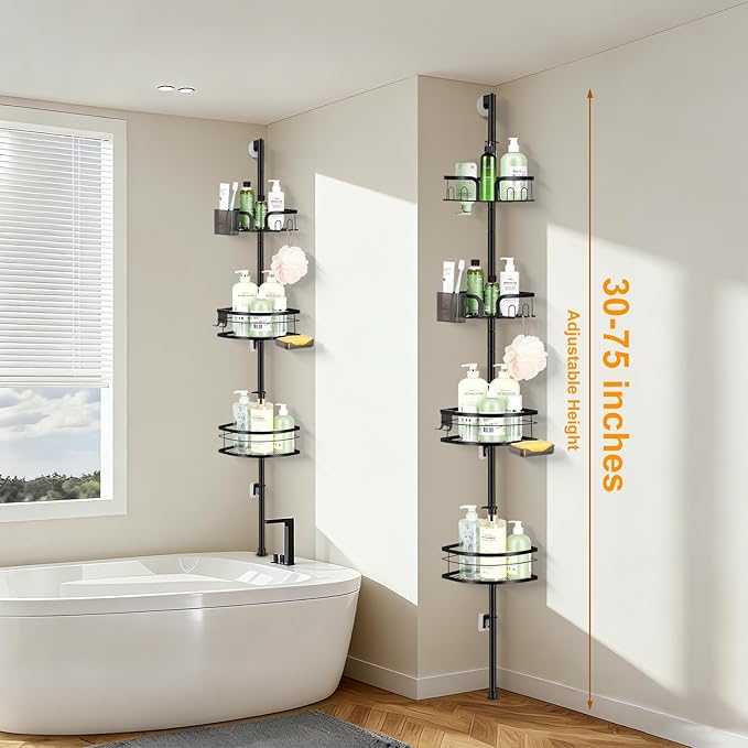 Shower Pole Caddy Corner, 4-Tier Adjustable Shower Shelves with Soap Holder & Hooks, Standing Shower Caddy Corner for Renters/Family, Self-Adhesive or Drill Mount 30-75 Inch, Black