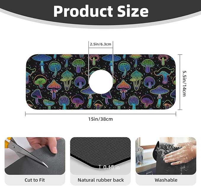 Cool Mushroom Mushrooms Kitchen Sink Splash Guard Faucet Mat Super Absorbent Fast Drying Mat Sink Gadgets-Fast Drying Pad Sink Mat For Kitchen Bathroom (15" X 5.5" )