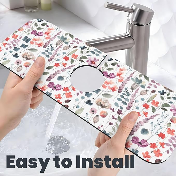 Vintage Watercolor Floral Flowers Abstract Leaves Kitchen Sink Splash Guard Faucet Mat Super Absorbent Fast Drying Mat Sink Gadgets-Fast Drying Pad Sink Mat For Kitchen Bathroom (15" X 5.5" )