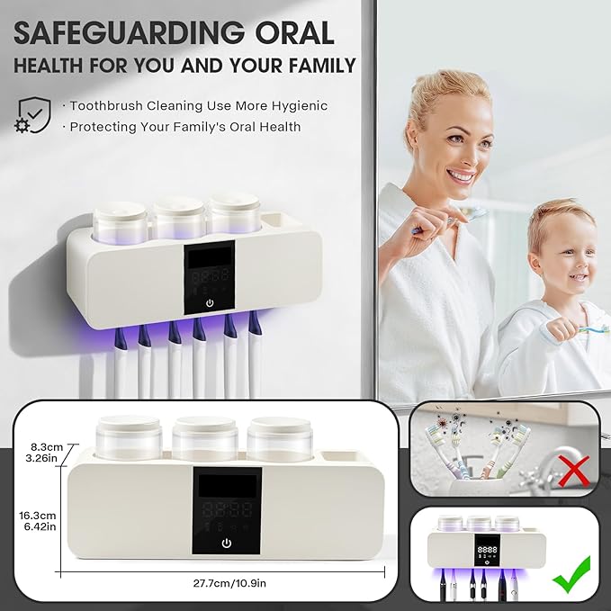 Wall-Mounted Smart Toothbrush Holder with Drying Function,Washroom Toothbrush Clean Holder No Drilling Required, with 3 Cups for Family (White)